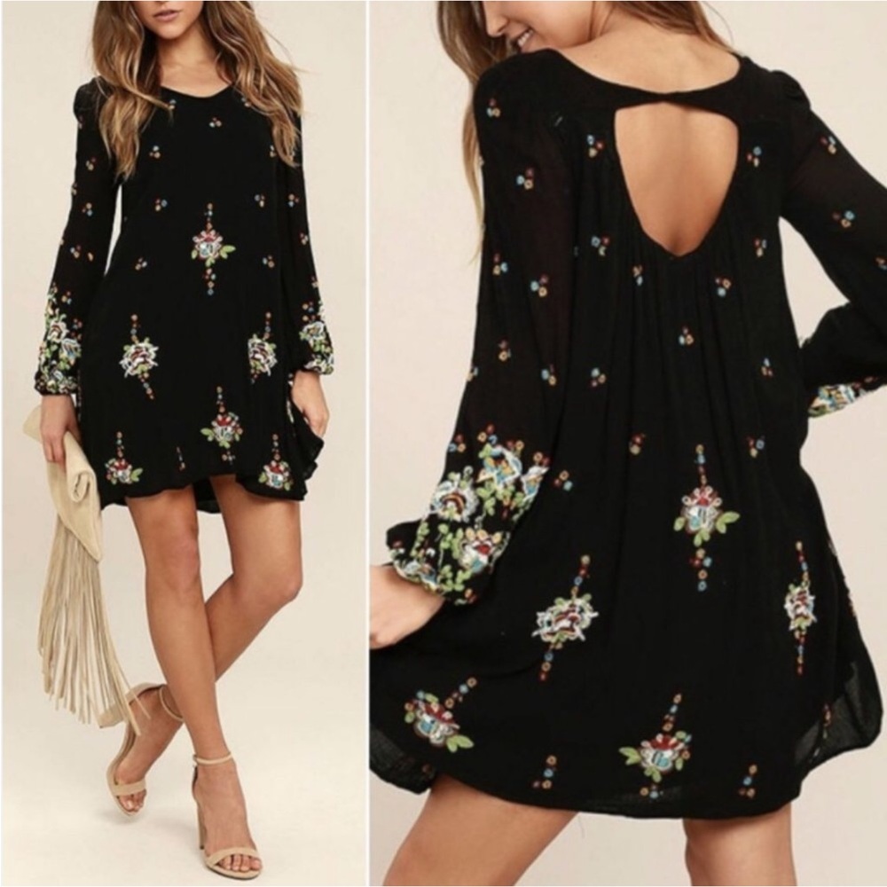 S Free People Oxford Black Floral Embroidered Dress